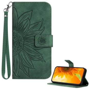 Tok álló, bőr hatású (FLIP, oldalra nyíló, asztali tartó, bankkártya tartó + kézpánt, napraforgó minta) SÖTÉTZÖLD T Phone 3 5G kép