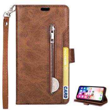 Tok álló, bőr hatású (FLIP, oldalra nyíló, asztali tartó funkció, cipzáras pénztárca, csuklópánt) BARNA Apple iPhone XS Max 6.5 kép