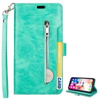 Tok álló, bőr hatású (FLIP, oldalra nyíló, asztali tartó funkció, cipzáras pénztárca, csuklópánt) CYAN Apple iPhone XS Max 6.5 kép