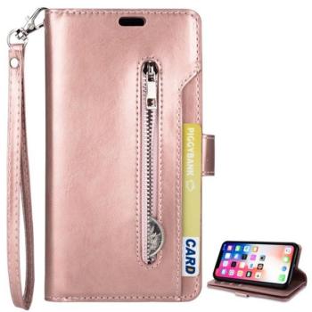 Tok álló, bőr hatású (FLIP, oldalra nyíló, asztali tartó funkció, cipzáras pénztárca, csuklópánt) ROZÉARANY Apple iPhone XS Max 6.5 kép