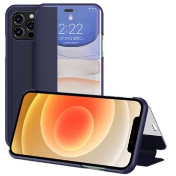Tok álló, bőr hatású (FLIP, oldalra nyíló, asztali tartó funkció, hívószámkijelzés, View Window) SÖTÉTKÉK Apple iPhone 12, Apple iPhone 12 Pro kép