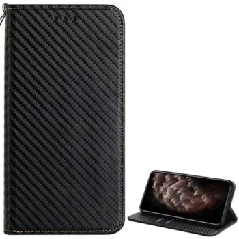Tok álló, bőr hatású (FLIP, oldalra nyíló, asztali tartó funkció, karbon minta) FEKETE Samsung Galaxy S22 5G (SM-S901) kép