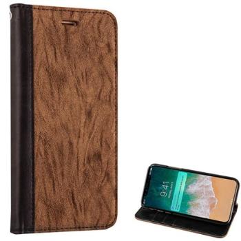 Tok álló, bőr hatású (FLIP, oldalra nyíló, asztali tartó funkció, nyakba akasztható, faerezet minta) BARNA Apple iPhone XS 5.8, Apple iPhone X 5.8 kép