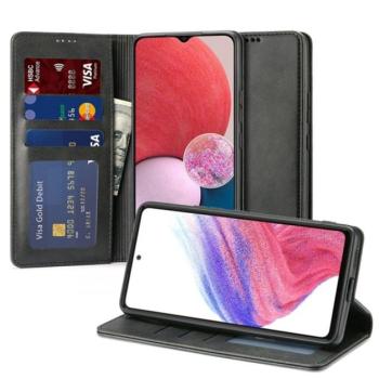 Tok álló, bőr hatású (FLIP, oldalra nyíló, asztali tartó funkció, prémium) FEKETE Samsung Galaxy A13 5G (SM-A136), Samsung Galaxy A04s (SM-A047F) kép