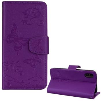 Tok álló, bőr hatású (FLIP, oldalra nyíló, asztali tartó funkció, tükör, pillangó minta) LILA Apple iPhone XS Max 6.5 kép