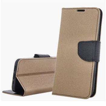 Tok álló, bőr hatású (FLIP, oldalra nyíló, asztali tartó, kártyazseb, textil hatás) ARANY/FEKETE Apple iPhone 16 Plus kép