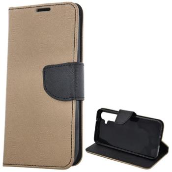 Tok álló, bőr hatású (FLIP, oldalra nyíló, asztali tartó, kártyazseb, textil hatás) ARANY/FEKETE Samsung Galaxy S24 Plus (SM-S926) kép