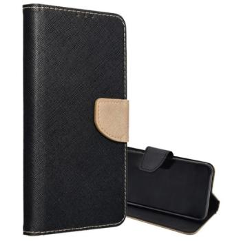 Tok álló, bőr hatású (FLIP, oldalra nyíló, asztali tartó, kártyazseb, textil hatás) FEKETE/ARANY Samsung Galaxy S24 FE (SM-S721) kép