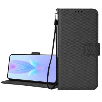 Tok álló, bőr hatású (FLIP, oldalra nyíló, asztali tartó, rombusz + kézpánt) FEKETE HMD Skyline 5G kép