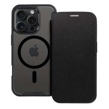 Tok álló, bőr hatású (FLIP, oldalra nyíló, kártyazseb, kameravédő, mágneses, átlátszó matt hátlap, MagSafe) FEKETE Apple iPhone 16 Plus kép