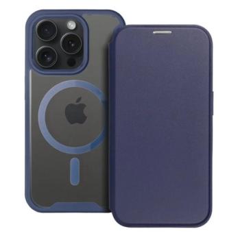 Tok álló, bőr hatású (FLIP, oldalra nyíló, kártyazseb, kameravédő, mágneses, átlátszó matt hátlap, MagSafe) SÖTÉTKÉK Apple iPhone 15 Pro Max kép