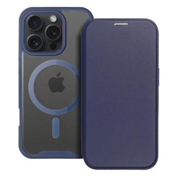 Tok álló, bőr hatású (FLIP, oldalra nyíló, kártyazseb, kameravédő, mágneses, átlátszó matt hátlap, MagSafe) SÖTÉTKÉK Apple iPhone 16 Pro kép