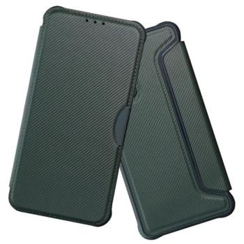 Tok álló, bőr hatású (FLIP, oldalra nyíló, légpárnás sarok, kamera védelem, karbon minta) ZÖLD Apple iPhone 14 kép