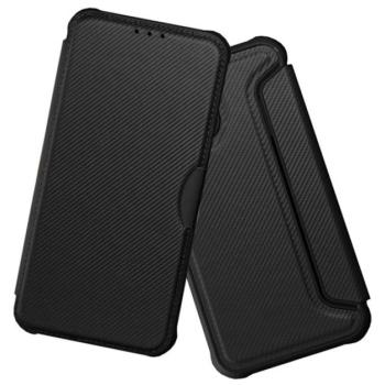 Tok álló, bőr hatású (FLIP, oldalra nyíló, ütésállóság, légpárnás sarok, kameravédő, karbon minta) FEKETE Samsung Galaxy A25 5G (SM-A256) kép