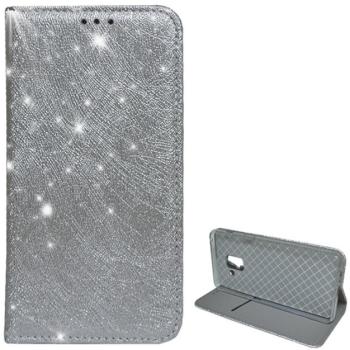 Tok álló, bőr hatású (FLIP, szilikon belső, oldalra nyíló, asztali tartó funkció, csillogó, fémes minta) EZÜST Samsung Galaxy A8 Plus (2018) SM-A730F kép