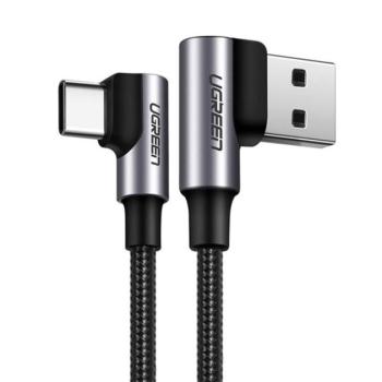 UGREEN adatkábel és töltő (USB - Type-C, 3A, gyorstöltés támogatás, 50 cm, 90 fokos, cipőfűző minta) FEKETE kép