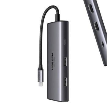 Ugreen CM498 6 in1 adapter USB-C- 2xUSB-A 3.0, USB-C 3.0, 2xHDMI, PD, ezüst kép