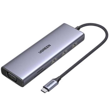 Ugreen CM498 Hub USB-C-3xUSB 3.0, HDMI 4k 30Hz, VGA, RJ45, SD/TF, PD, 100W, szürke kép