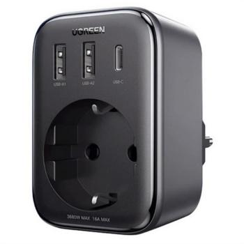 UGREEN hálózati elosztó 2 USB / Type-C / hálózati aljzat (5V / 3A, 30W, GaN, PD gyorstöltés támogatás) FEKETE kép
