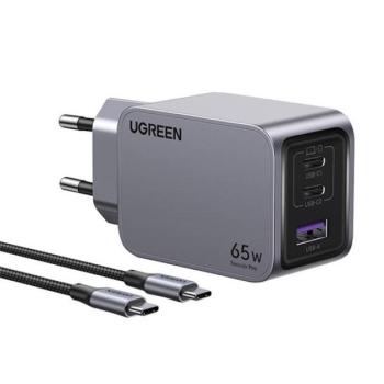 Ugreen Nexode Pro USB-A + 2x USB-C hálózati töltő adapter + USB-C kábel, 65W, 1.5m, fekete kép