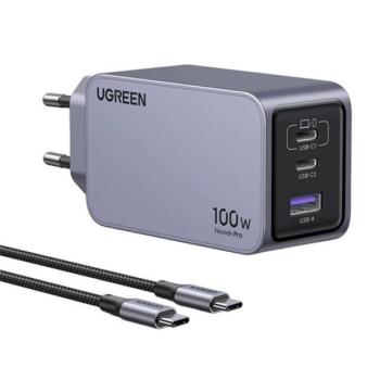 Ugreen Nexode Pro USB-A + 2xUSB-C GaN hálózati töltő adapter, 100W, szürke kép