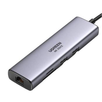Ugreen USB-C Multifunkciós Adapter Hub, 2x USB-A 3.0, HDMI, RJ45, SD/TF, ezüst kép