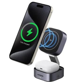 Ugreen W702 2in1 vezeték nélküli iPhone/AirPods töltő, 15W, szürke kép