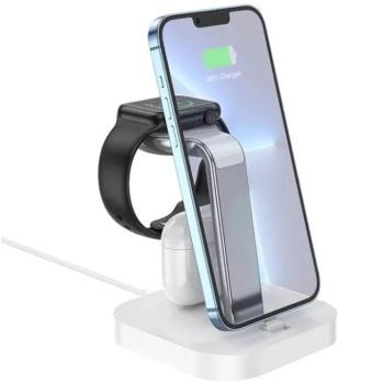Univerzális töltő állomás 3in1, 1 x Qi Wireless, 2 x Lightning, 10.5W, asztali tartó, Hoco CW43, fehér kép
