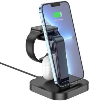 Univerzális töltő állomás 3in1, 1 x Qi Wireless, 2 x Lightning, 10.5W, asztali tartó, Hoco CW43, fekete kép