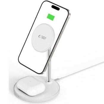 Univerzális vezeték nélküli töltő állomás 2in1, Qi Wireless, 15W, asztali tartó, mágneses, MagSafe kompatibilis, Tech-Protect QI15W-A39, fehér kép