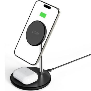 Univerzális vezeték nélküli töltő állomás 2in1, Qi Wireless, 15W, asztali tartó, mágneses, MagSafe kompatibilis, Tech-Protect QI15W-A39, fekete kép