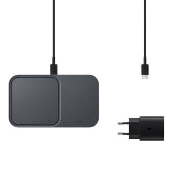 Univerzális vezeték nélküli töltő állomás 2in1, Qi Wireless, 15W, hálózati töltővel és kábellel, gyorstöltés, LED-es, Samsung Dual, gyári, fekete kép