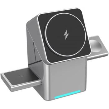 Univerzális vezeték nélküli töltő állomás 3in1, Qi Wireless, 15W, asztali tartó, mágneses, forgatható, Magsafe kompatibilis eszközökhöz, Geometric Charger, ezüst kép