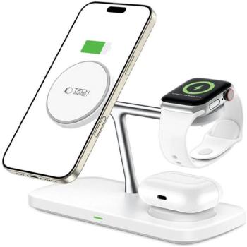 Univerzális vezeték nélküli töltő állomás 3in1, Qi Wireless, 15W, asztali tartó, mágneses, Magsafe kompatibilis eszközökhöz, Tech-Protect QI15W-A45, fehér kép