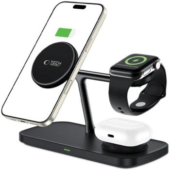 Univerzális vezeték nélküli töltő állomás 3in1, Qi Wireless, 15W, asztali tartó, mágneses, Magsafe kompatibilis eszközökhöz, Tech-Protect QI15W-A45, fekete kép