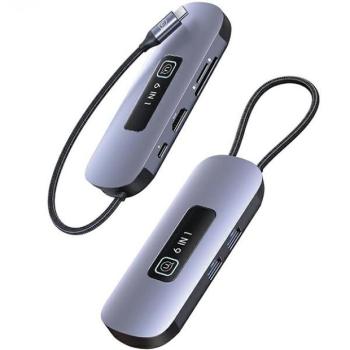 USAMS adapter HUB 6in1 2xUSB 3.0/TF/SD/USB-C/HDMI PD100W szürke/zománc SJ642HUB01 (US-SJ642) kép