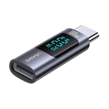 USAMS adapter (Type-C aljzat - Type-C, 100W, adatátvitel és töltés, LED kijelző) SZÜRKE kép