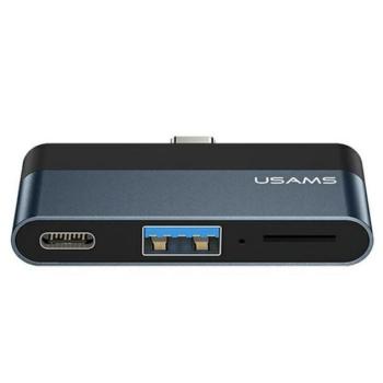 USAMS adapter (USB aljzat + Type-C aljzat + microSD kártyaolvasó - Type-C) SZÜRKE Samsung Galaxy A34 5G (SM-A346), Lenovo Tab M8 Gen4 (TB300F), Lenovo Tab P11 Gen2 (TB350), Huawei MatePad SE, Huawe kép
