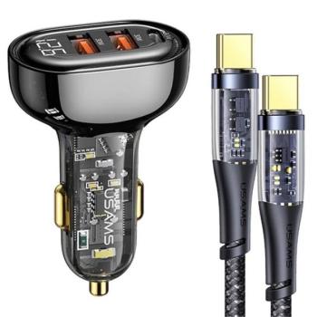USAMS autós töltő 2 USB aljzat / Type-C aljzat ( 5V / 3A, 80W, gyorstöltés támogatás + Type-C kábel) FEKETE kép