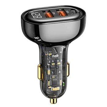 USAMS autós töltő 2xUSB+1xUSB-C 125W gyorstöltés átlátszó fekete CC158CC01 (US-CC158) kép