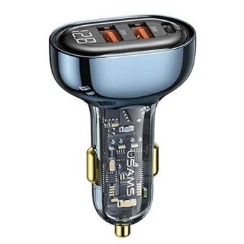 USAMS autós töltő 2xUSB+1xUSB-C 125W gyorstöltés átlátszó kék CC158CC02 (US-CC158) kép