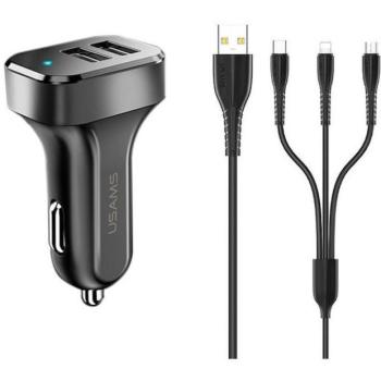USAMS autós töltő 2xUSB-A csatlakozással 2.1A - fekete kép