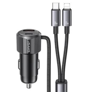 USAMS autós töltő USB+Type-C aljzat (66W, PD gyorstöltő + fix Type-C - lightning kábel) FEKETE kép