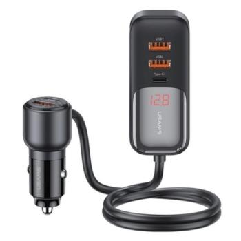 USAMS C40 autós töltő 3 USB+2 Type-C aljzat (12V/1.5A, 165W, PD gyorstöltő, LED kijelző + 1.5m hosszabbító) FEKETE kép