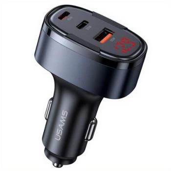 USAMS C42 autós töltő USB+2 Type-C aljzat (100W, PD gyorstöltő, LED kijelző) FEKETE kép