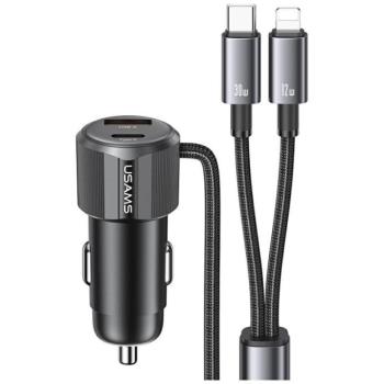 USAMS CC287 YT Series autós töltő 1xUSB-A és 1xUSB-C csatlakozással + rögzített Type-C és Lightning kábellel 66W - fekete kép