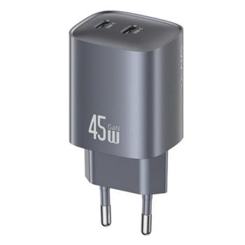 USAMS hálózati töltő 2 Type-C aljzat (45W, GaN, PD gyorstöltő 3.0) SÖTÉTSZÜRKE kép