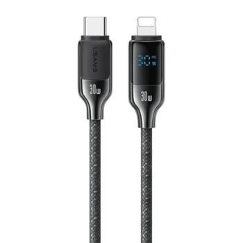 USAMS HX adatkábel (Type-C - lightning, 30W, PD gyorstöltő, 120cm, cipőfűző, LED kijelző) FEKETE kép