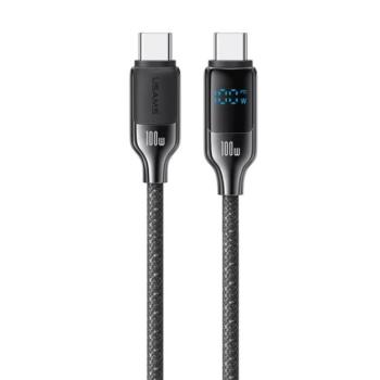 USAMS HX adatkábel (Type-C - Type-C, 100W, PD gyorstöltő, 120cm, cipőfűző, LED kijelző) FEKETE kép