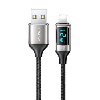 USAMS kábel fonott U78 lightning 1.2m LED 2.4A gyorstöltés ezüst fekete SJ543USB02 (US-SJ543) kép